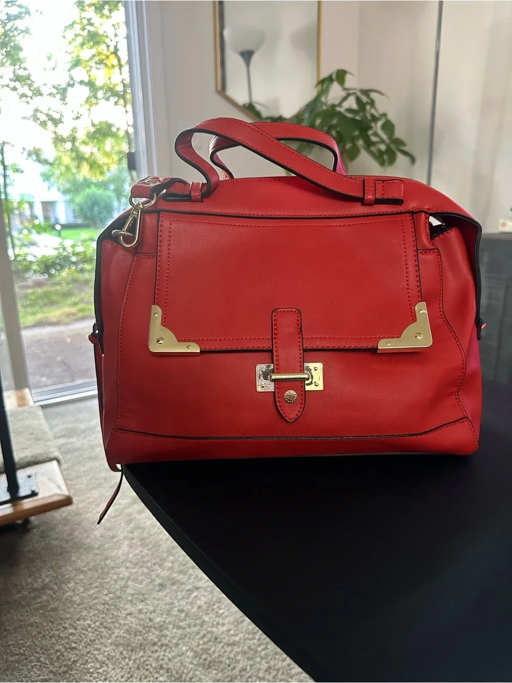 BCBGeneration Red Structured Top-Handle Satchel with Gold Hardware